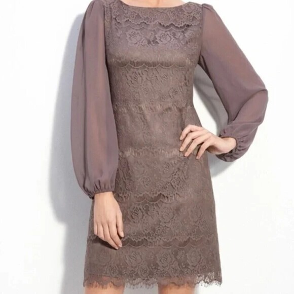 ELIZA J Stone Gray Sheer Long Sleeve Lace Cocktail Mini Dress Size 6 - Picture 1 of 8